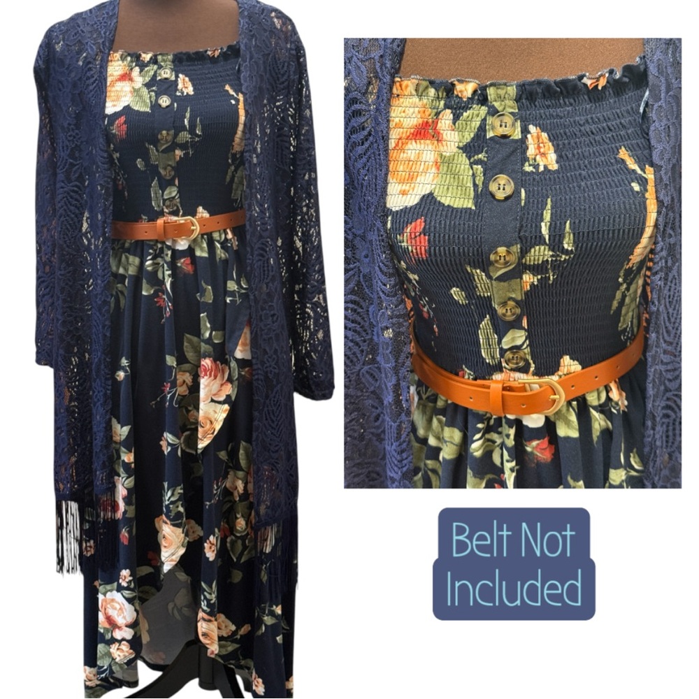 Hi-Lo Dress Shaw Set, Floral Smocked Dress w/ Lace Overlay, Fall Dress Set Sz M